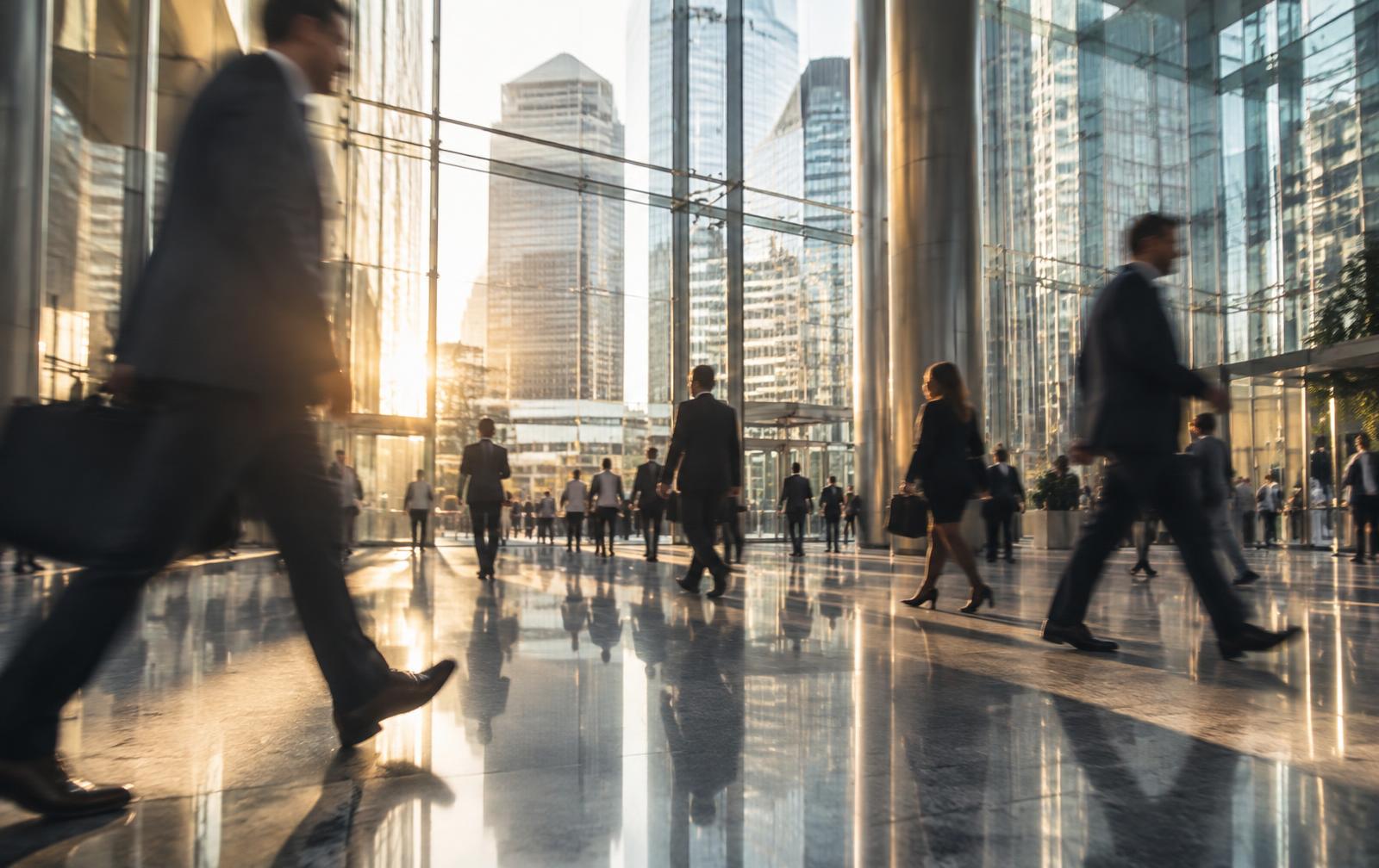 Finance professionals walking through a glass office lobby in London